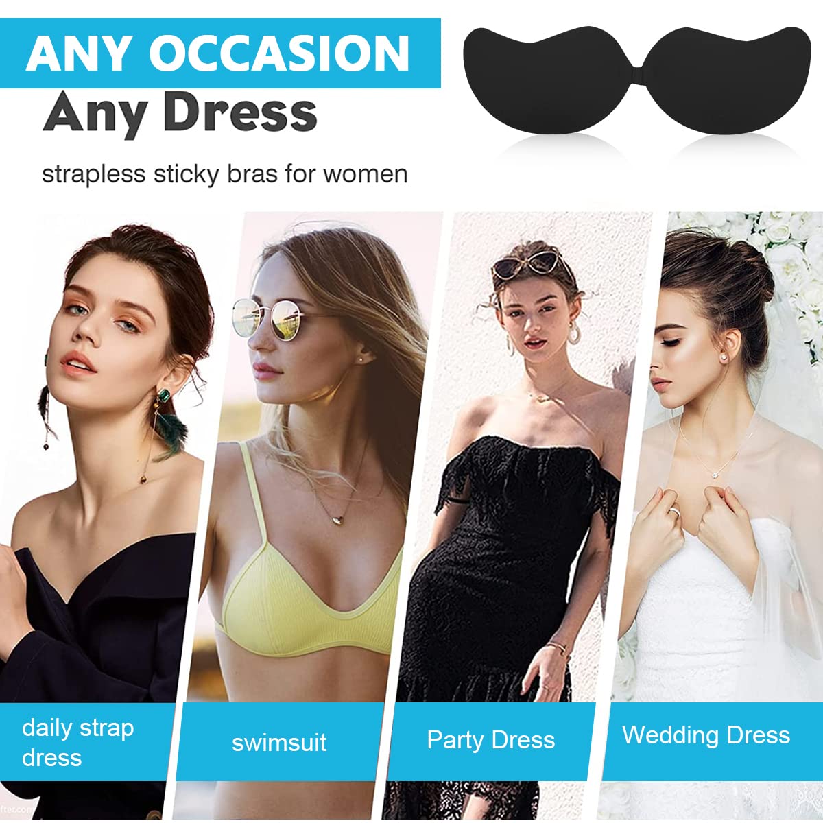 MAYCREATE 1 Pair Silicone Wire Free Stick-On Bra Padded, Adhesive Bra Strapless Invisible Reusable Sticky Bra for Backless Dress, Black MAYCREATE 1 Pair Silicone Wire Free Stick-On Bra Padded, Adhesive Bra Strapless Invisible Reusable Sticky Bra for Backless Dress, Black
